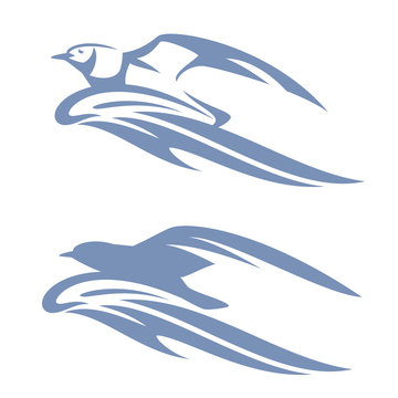 sea gull bird and ocean wave monochrome vector outline design