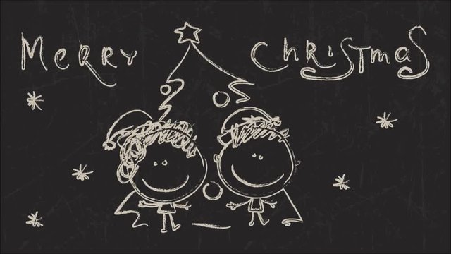 Hand drawn chalk animation of happy children on Christmas