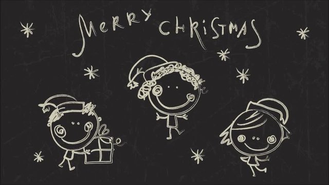 Hand drawn chalk animation of happy children on Christmas