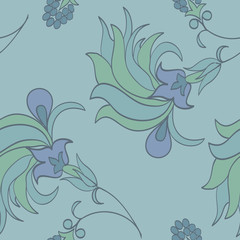 Fototapeta na wymiar Tropical seamless pattern with blue exotic flowers scattered random