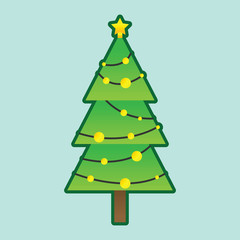 Christmas tree with decorative illumination garland and balls isolated on light background. Green New Year tree with holiday decoration for happy celebrations. Merry Christmas concept.