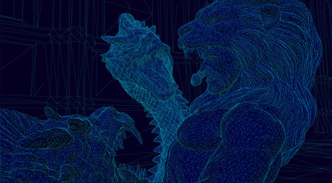 wire frame illustration of an ancient warrior fighting a monster inside of a digital video game environment