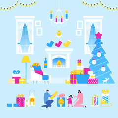 Family christmas celebration. Christmas room interior with parents and children.