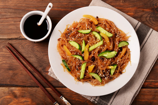 Korean noodles on a wooden