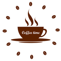 Logo hot coffee Cup on white background with coffee beans in a circle vector illustration