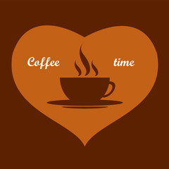Brown coffee Cup logo in heart on dark brown background vector illustration