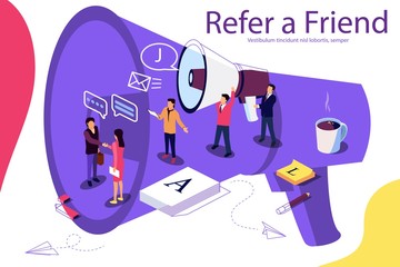 Isometric illustration concept. People shout into the microphone with Refer a friend words. Microphone as background. Double exposure vector effect.