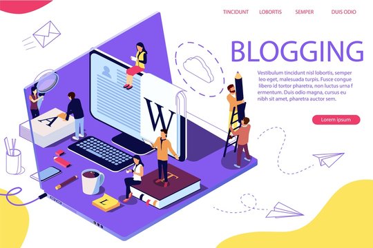 Isometric concept creative writing or blogging, education and content management for web page, banner, social media, documents, cards, posters. Laptop as background. Double exposure vector effect.