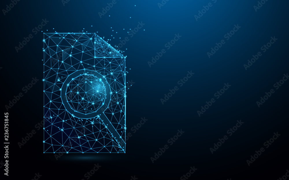 Poster document search linear icon form lines, triangles and particle style design. illustration vector