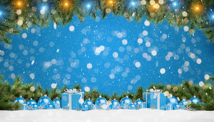 Blue christmas baubles and gifts lined up 3D rendering