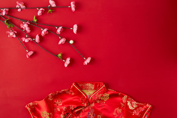 chinese new year 2019 red backgroung. flat lay