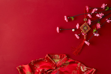 chinese new year 2019 red backgroung. flat lay