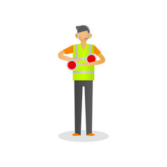 Special worker in reflective clothing showing signals for aircraft pilots.