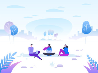 Winter landscape with happy people Merry Christmas and Happy New Year