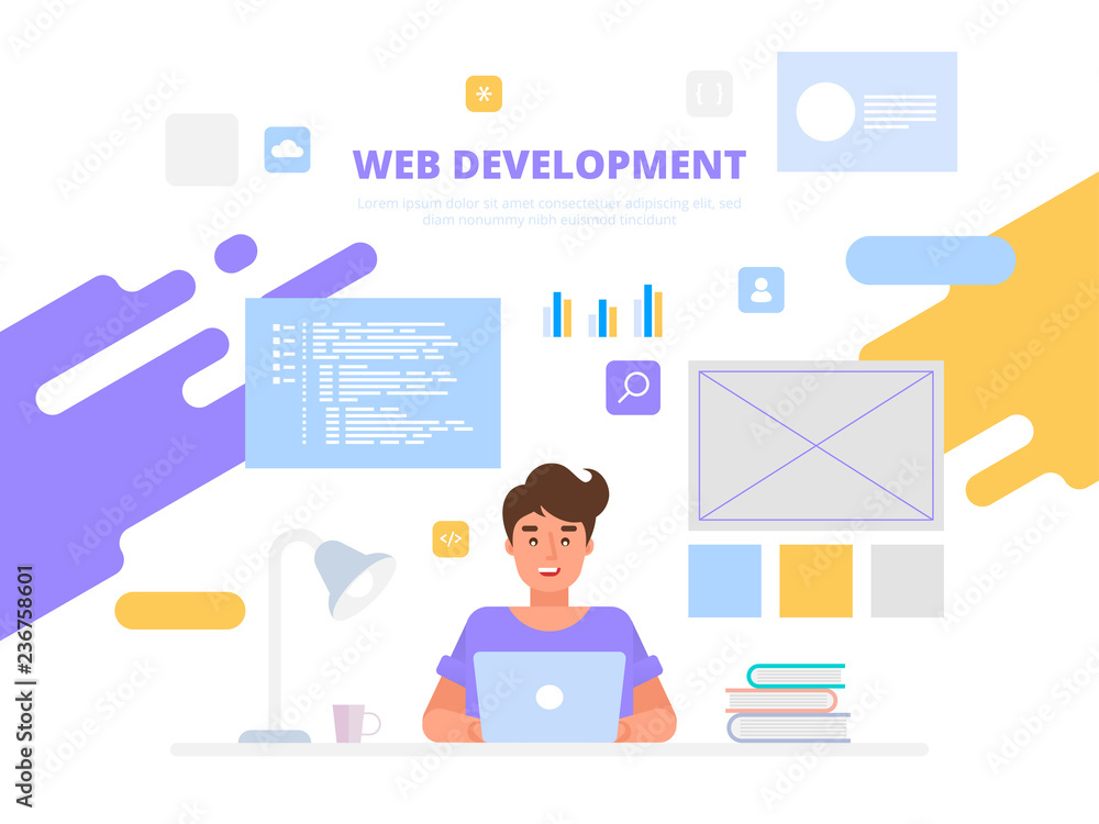 Poster web development programmer and engineering development flat vector illustration