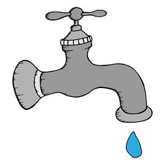 Gray water tap with a drop of water. Vector illustration water tap with a drop. Hand drawn water tap.