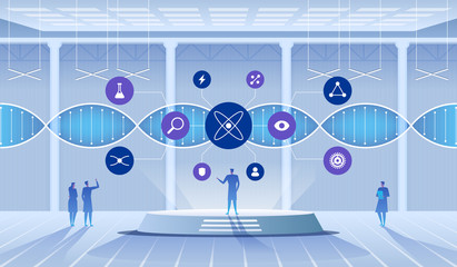 Naklejka premium Science lab. Scientists man and woman conducting research in a lab. DNA molecules.