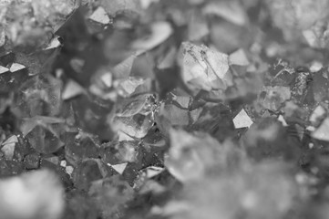 Black and white background of the crystals surface. Macro closeup