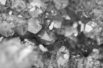 Black and white background of the crystals surface. Macro closeup