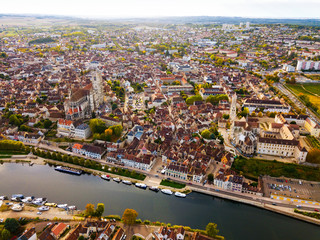 Aerial view of famous old town Auxerre with river in  France