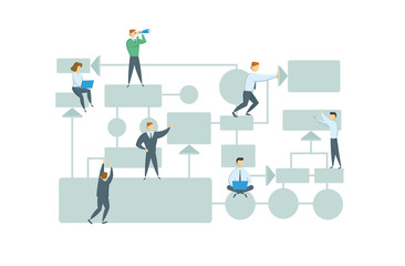 Teamwork, business workflow layout with chart elements and people figures. Business plan. Flat vector illustration. Isolated on white background.