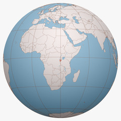 Burundi on the globe. Earth hemisphere centered at the location of the Republic of Burundi. Burundi map.
