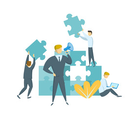 Leader with a megaphone guiding his team towards success. Teamwork and leadership concept. Businessmen with giant puzzle pieces. Partnership and collaboration. Flat vector illustration. Isolated.