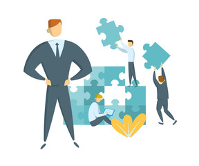 Leader guiding his team towards success. Teamwork and leadership concept. Businessmen with giant puzzle pieces. Partnership and collaboration. Flat vector illustration. Isolated.