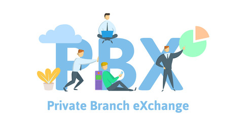 PBX, private branch exchange. Concept with keywords, letters and icons. Colored flat vector illustration on white background.
