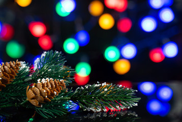 branch of the Christmas tree with a lump on the black table