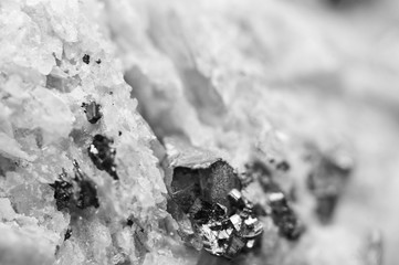 Crystals Rhodochrosite with particles of Pyrite. Black-and white  texture of mineral for...