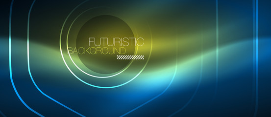 Neon glowing lines, magic energy space blue light concept, abstract background wallpaper design