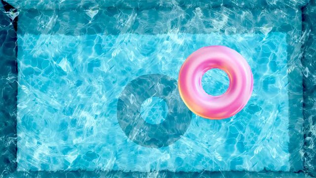 floating rubber ring, beach ball in water pool top view of crystal clean water surface,  sun shine bright water-pool looping slow motion background, 3d simulation animation 