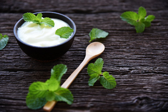 Fat Free Yoghurt On The Wood Table