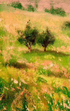 Trees on a summer meadow - green landscape oil painting on canvas modern impressionism