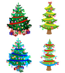 Star decorations, balls and light chains decorated Christmas trees with lots of gift boxes.