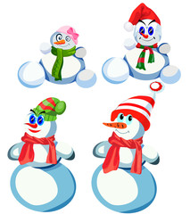 Set of four snowmen in various headdresses and in different scarves