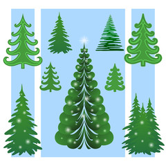Set of Green Christmas Trees with White Flashes, Winter Symbols for Holiday Design. Vector