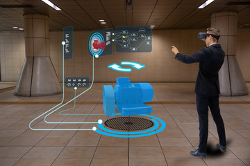 iot smart technology futuristic in industry 4.0 concept, engineer use augmented mixed virtual reality to education and training, repairs and maintenance, sales, product and site design, and more.