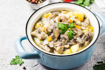 Healthy vegan wild mushroom soup in pots on grey concrete background. Selective focus, space for text.
