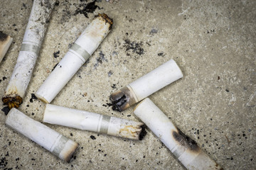 Cigarette tobacco butts scattered on the floor. Close up. 