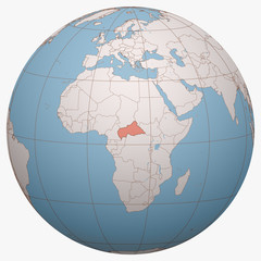 Central African Republic (CAR) on the globe. Earth hemisphere centered at the location of Central African Republic. Central African Republic map.