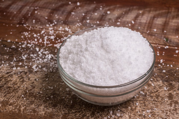 Salt crystals in a bowl. Brazilian Sal Grosso