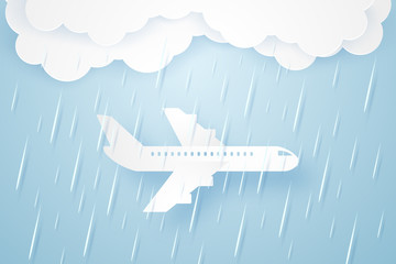 Airplane flying through a heavy rain , paper art style