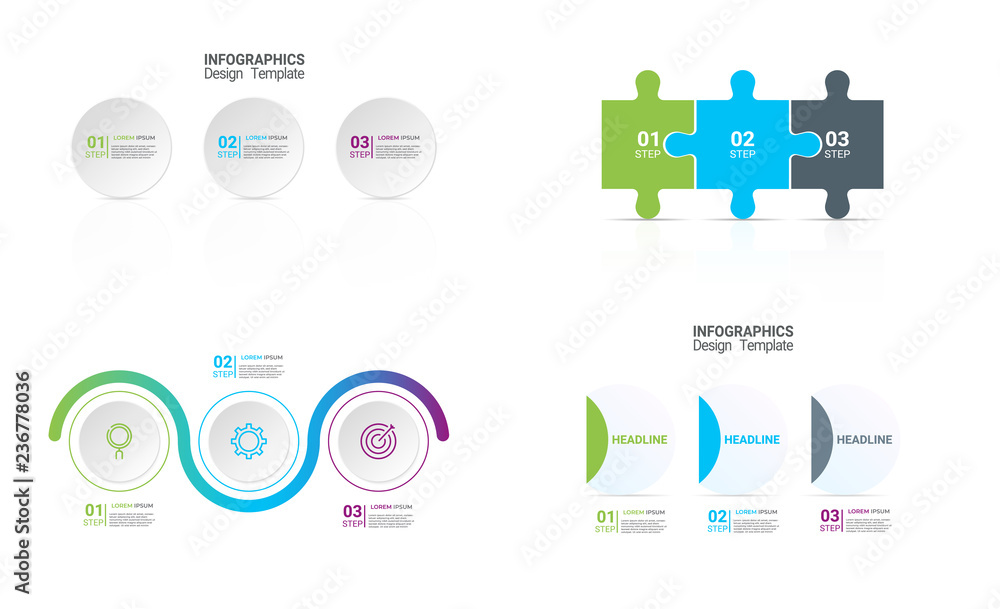 Aufkleber infographic business template with 3 options.