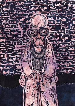 Funny Gonzo Dude And Hallucinogenic background with a lot of eyes. Raster Version Illustration