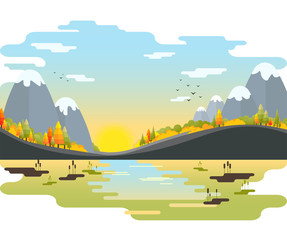 autumn vector landscape. Mountains with fir-trees and bushes on the riverside.