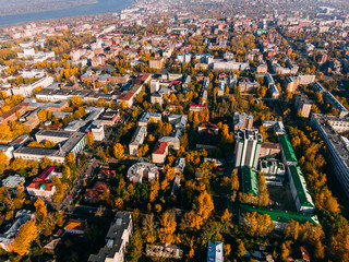 Panoramic view of city Autumn, Tom river. Drone aerial top view.