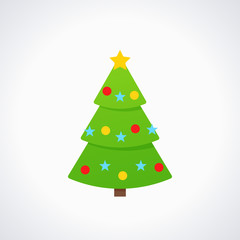 Christmas tree. Vector. Tree icon in flat design. Merry spruce fir. Xmas cartoon background. Green pine with star, balls. Computer graphic. Winter illustration isolated on white.