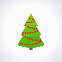 Christmas tree. Vector. Tree icon in flat design. Merry spruce fir. Xmas cartoon background. Green pine with garland, balls. Winter illustration isolated on white. Computer graphic.